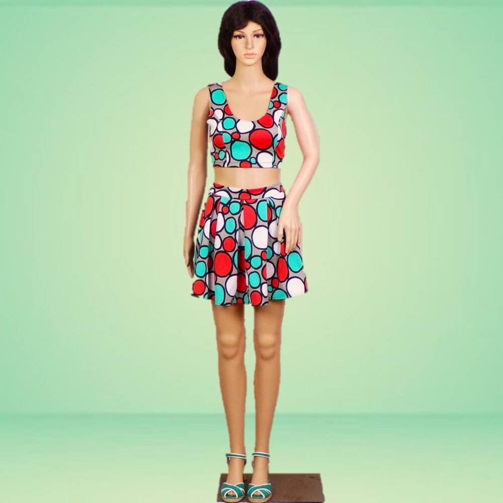 MONACO size S multicolor 2-piece set crop top & skirt polyestr/spandx hand wash